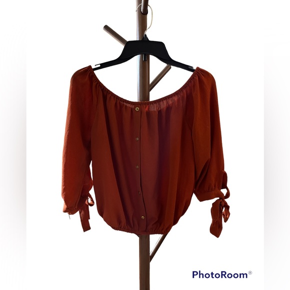 PAPERMOON Rust Color Tie Sleeve Off-Shoulder Blouse - Picture 2 of 4